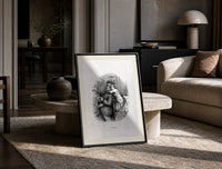 Santa Claus hugged by young child print in a black frame leaning on a travertine table in a sunlit lounge