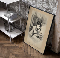 Child praying beside bed at Christmas poster in a black frame leaning beside a shelf in a raw-plaster loft