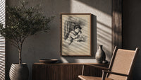 Child praying beside bed at Christmas poster framed above a fluted sideboard beside an olive tree