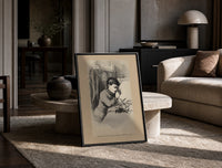 Child praying beside bed at Christmas print in a black frame leaning on a travertine table in a sunlit lounge