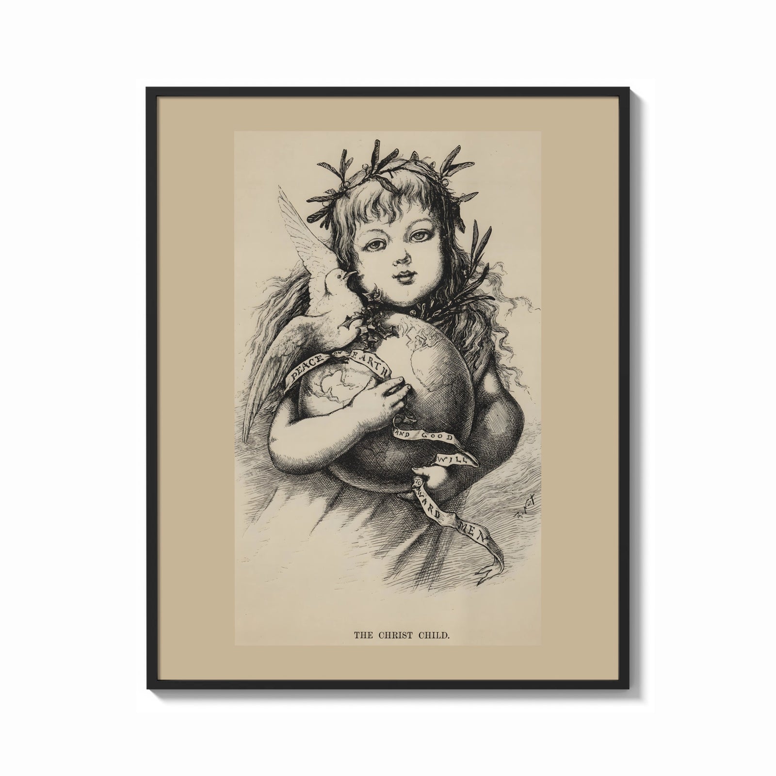Framed Winged Christ child holding globe with dove print shown as a bold statement piece on a clean gallery wall