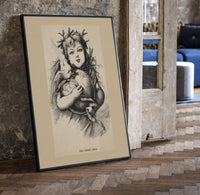 Winged Christ child holding globe with dove print in a black frame leaning beside a vintage door on parquet