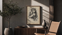 Winged Christ child holding globe with dove poster framed above a fluted sideboard beside an olive tree