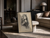 Winged Christ child holding globe with dove print in a black frame leaning on a travertine table in a sunlit lounge