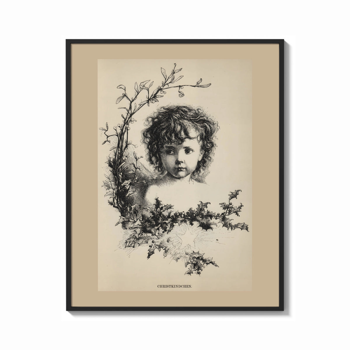 Framed Curly-haired child's head with holly wreath print shown as a bold statement piece on a clean gallery wall