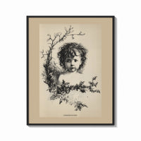 Framed Curly-haired child's head with holly wreath print shown as a bold statement piece on a clean gallery wall