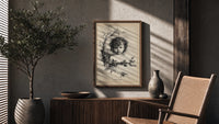 Curly-haired child's head with holly wreath poster framed above a fluted sideboard beside an olive tree