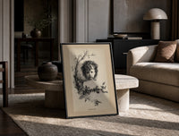 Curly-haired child's head with holly wreath print in a black frame leaning on a travertine table in a sunlit lounge
