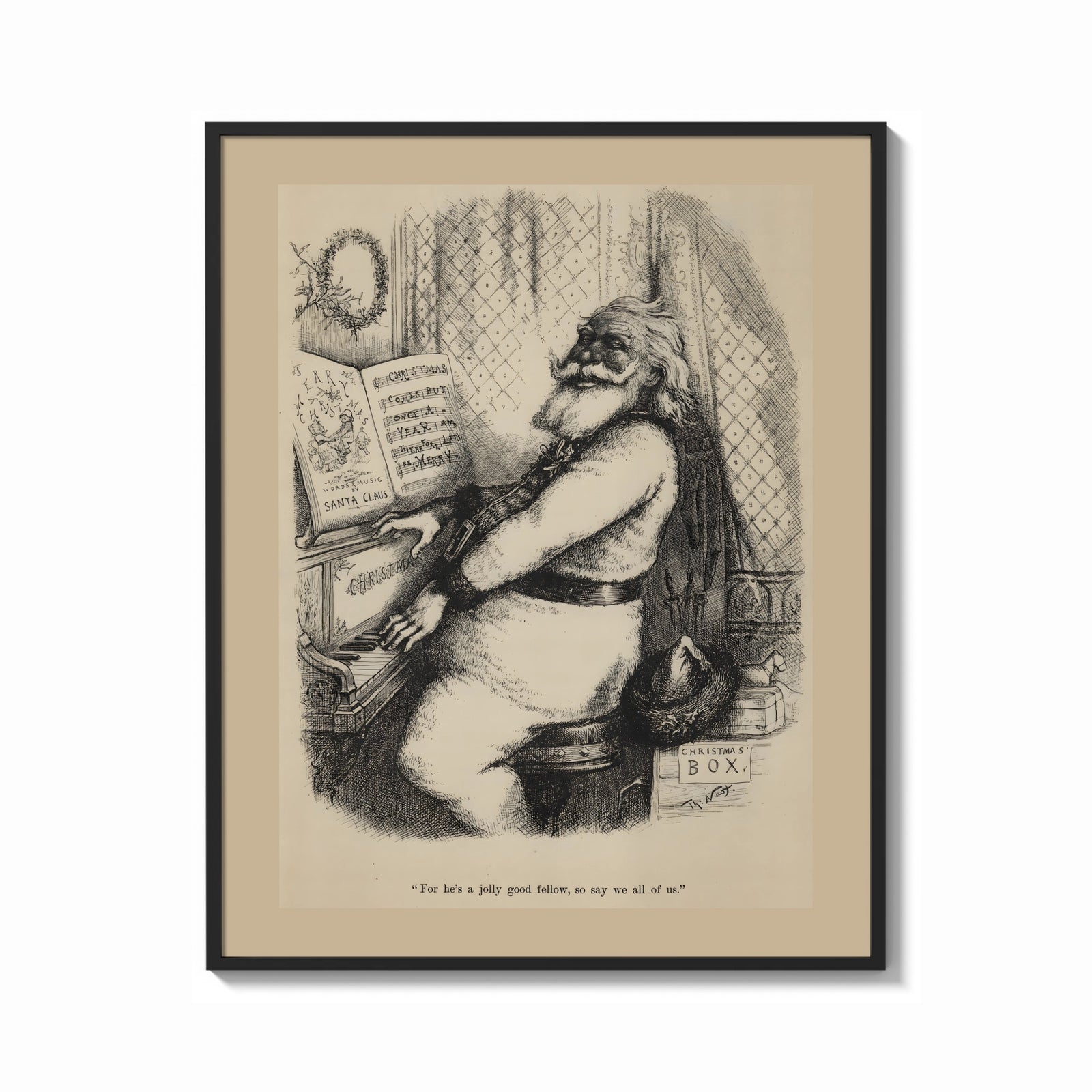Framed Santa Claus playing a piano print shown as a bold statement piece on a clean gallery wall