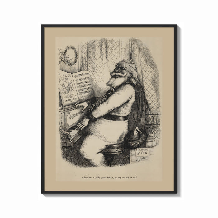 Framed Santa Claus playing a piano print shown as a bold statement piece on a clean gallery wall