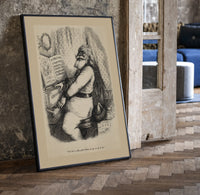 Santa Claus playing a piano print in a black frame leaning beside a vintage door on parquet