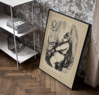 Santa Claus playing a piano poster in a black frame leaning beside a shelf in a raw-plaster loft