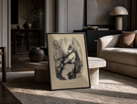 Santa Claus playing a piano print in a black frame leaning on a travertine table in a sunlit lounge