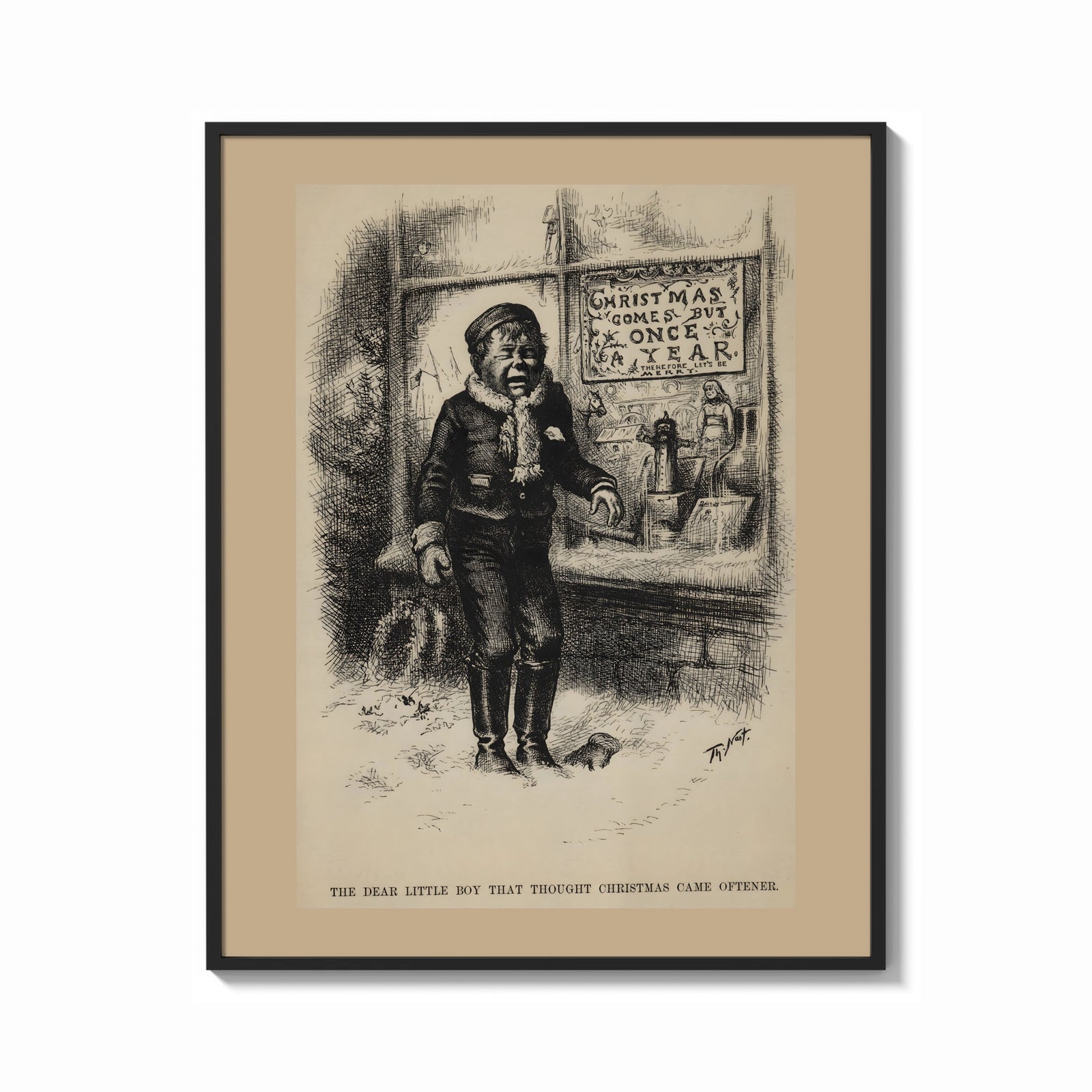 Framed Crying boy outside toy shop window print shown as a bold statement piece on a clean gallery wall