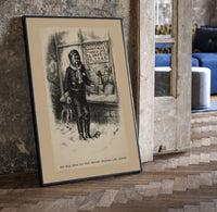 Crying boy outside toy shop window print in a black frame leaning beside a vintage door on parquet
