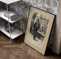 Crying boy outside toy shop window poster in a black frame leaning beside a shelf in a raw-plaster loft