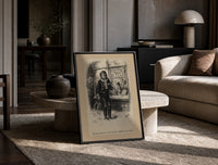 Crying boy outside toy shop window print in a black frame leaning on a travertine table in a sunlit lounge