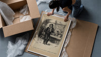 Crying boy outside toy shop window framed print being unpacked from protective bubble wrap and a box