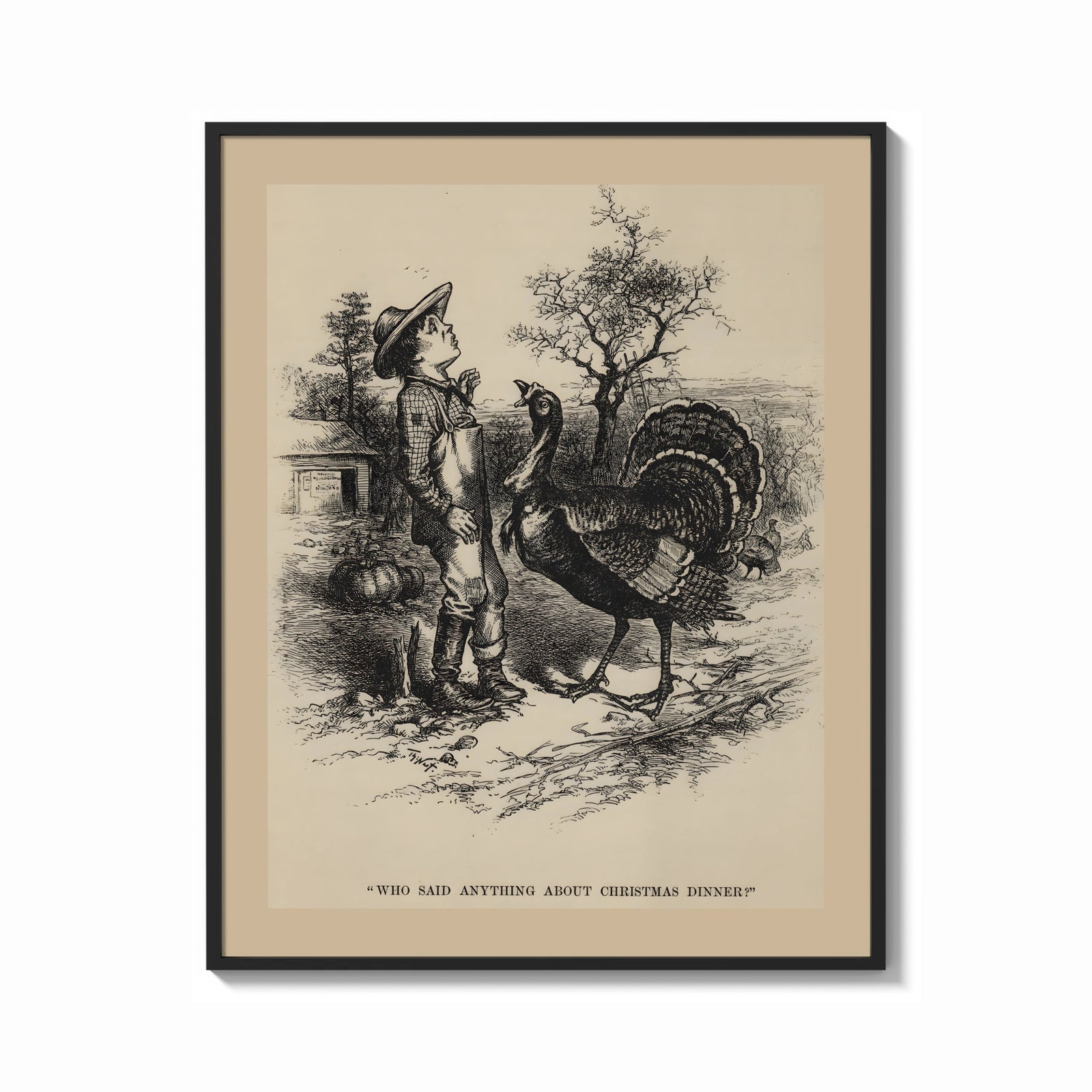 Framed Boy facing a large turkey print shown as a bold statement piece on a clean gallery wall