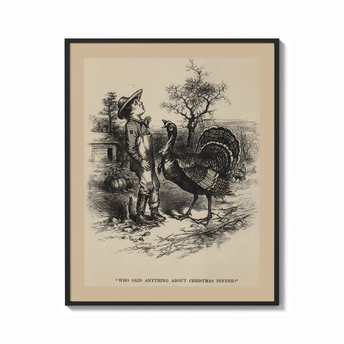 Framed Boy facing a large turkey print shown as a bold statement piece on a clean gallery wall