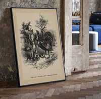Boy facing a large turkey print in a black frame leaning beside a vintage door on parquet