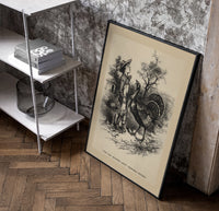 Boy facing a large turkey poster in a black frame leaning beside a shelf in a raw-plaster loft