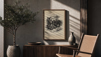 Boy facing a large turkey poster framed above a fluted sideboard beside an olive tree