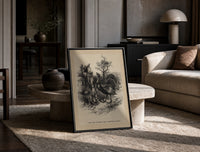 Boy facing a large turkey print in a black frame leaning on a travertine table in a sunlit lounge