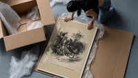 Boy facing a large turkey framed print being unpacked from protective bubble wrap and a box