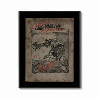 Framed Santa in sleigh and figure riding goose print shown as a bold statement piece on a clean gallery wall