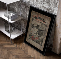 Santa in sleigh and figure riding goose poster in a black frame leaning beside a shelf in a raw-plaster loft