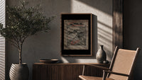 Santa in sleigh and figure riding goose poster framed above a fluted sideboard beside an olive tree