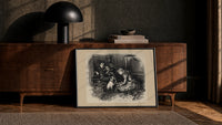 Three children and a pug dog print in a black frame leaning against a walnut console in lamplight