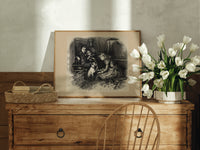 Three children and a pug dog print in an oak frame on a farmhouse dresser beside white tulips