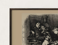 Close-up of the Three children and a pug dog print's dark wood frame corner and archival matte paper