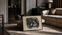 Three children and a pug dog print in a slim black frame leaning on a travertine coffee table