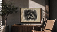 Three children and a pug dog print in a wood frame above a fluted sideboard beside an olive tree