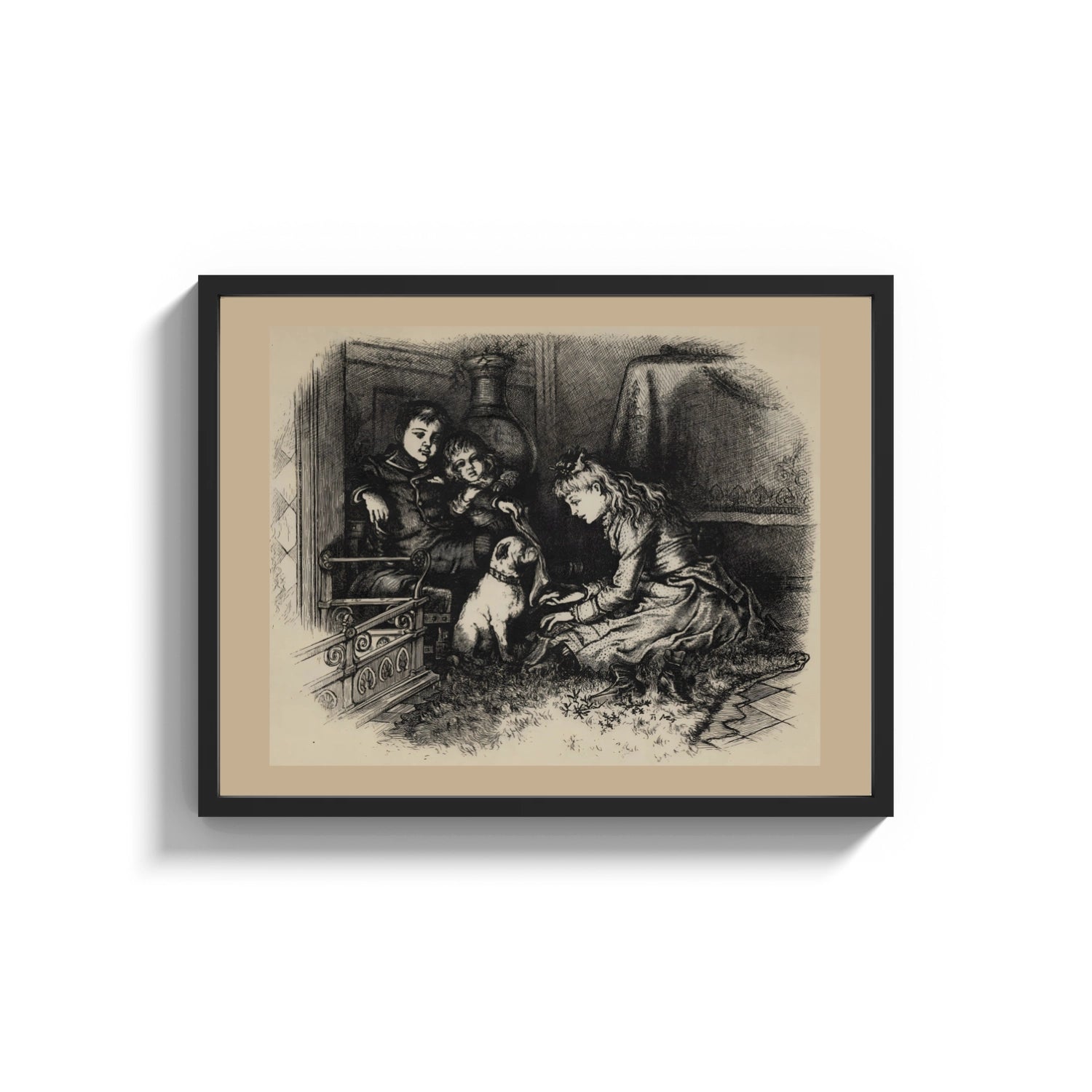 Framed Three children and a pug dog print shown as a wide statement piece on a clean white wall