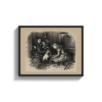 Framed Three children and a pug dog print shown as a wide statement piece on a clean white wall