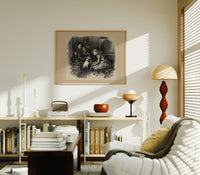 Three children and a pug dog print in an oak frame above a mid-century book console with a vintage radio