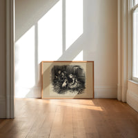 Three children and a pug dog print in an oak frame on a sunlit wood floor beneath tall window light