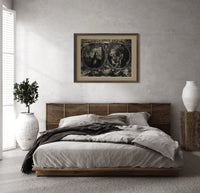 Praying woman and soldier at campfire print in a dark wood frame above a rattan bed on a plaster wall