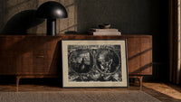 Praying woman and soldier at campfire print in a black frame leaning against a walnut console in lamplight
