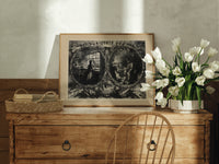 Praying woman and soldier at campfire print in an oak frame on a farmhouse dresser beside white tulips