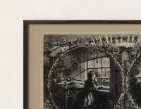 Close-up of the Praying woman and soldier at campfire print's dark wood frame corner and archival matte paper