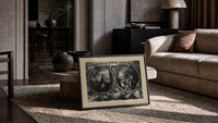 Praying woman and soldier at campfire print in a slim black frame leaning on a travertine coffee table