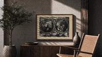 Praying woman and soldier at campfire print in a wood frame above a fluted sideboard beside an olive tree