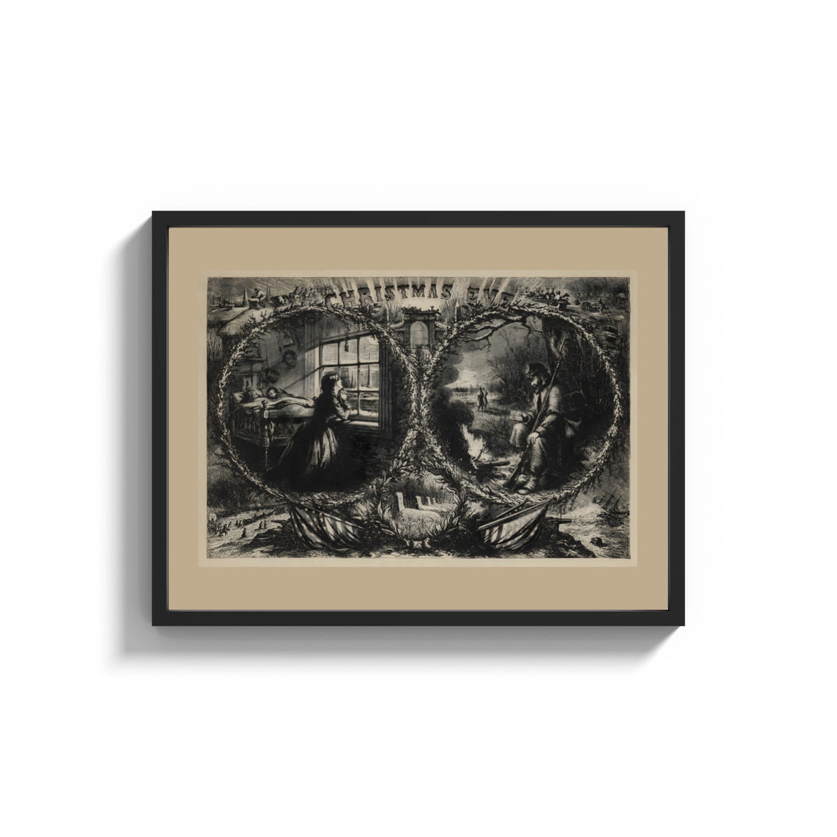 Framed Praying woman and soldier at campfire print shown as a wide statement piece on a clean white wall