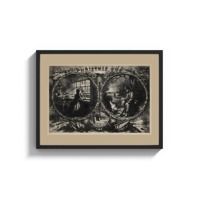 Framed Praying woman and soldier at campfire print shown as a wide statement piece on a clean white wall