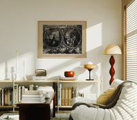 Praying woman and soldier at campfire print in an oak frame above a mid-century book console with a vintage radio